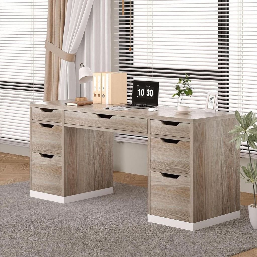 54 Inch Computer Desk With Storage Drawers White Walnut - HearthHub