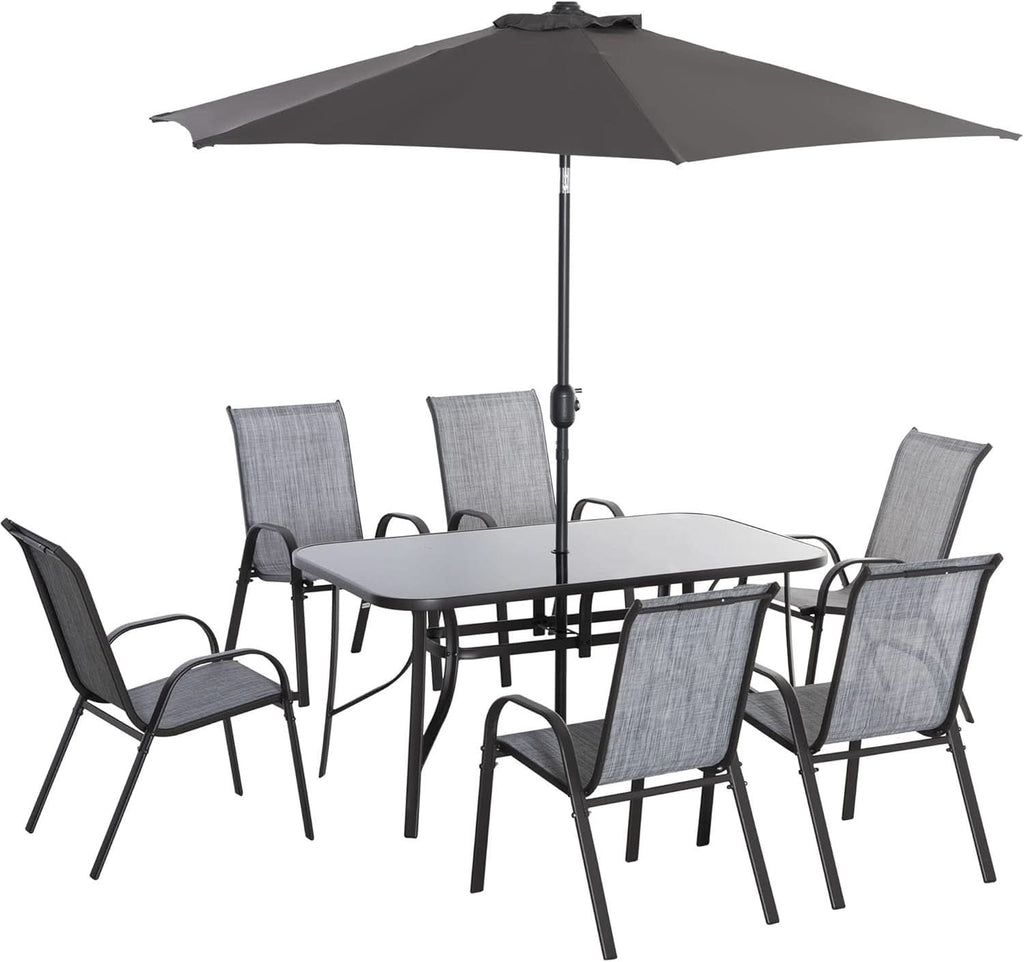Eight Piece Patio Furniture Set with Umbrella and Chairs - HearthHub