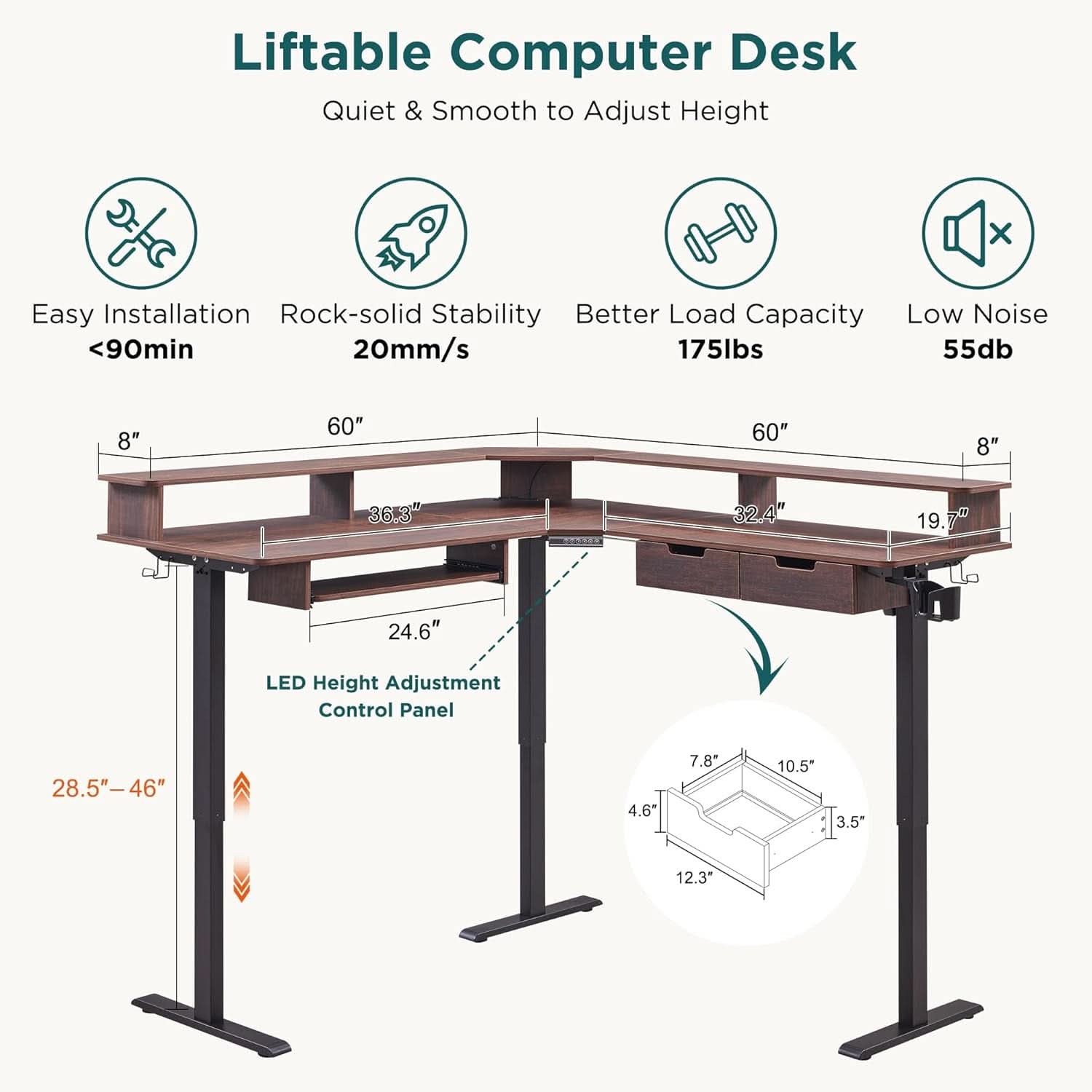 60 Inch Elevated Electric Standing Desk Dark Walnut - HearthHub