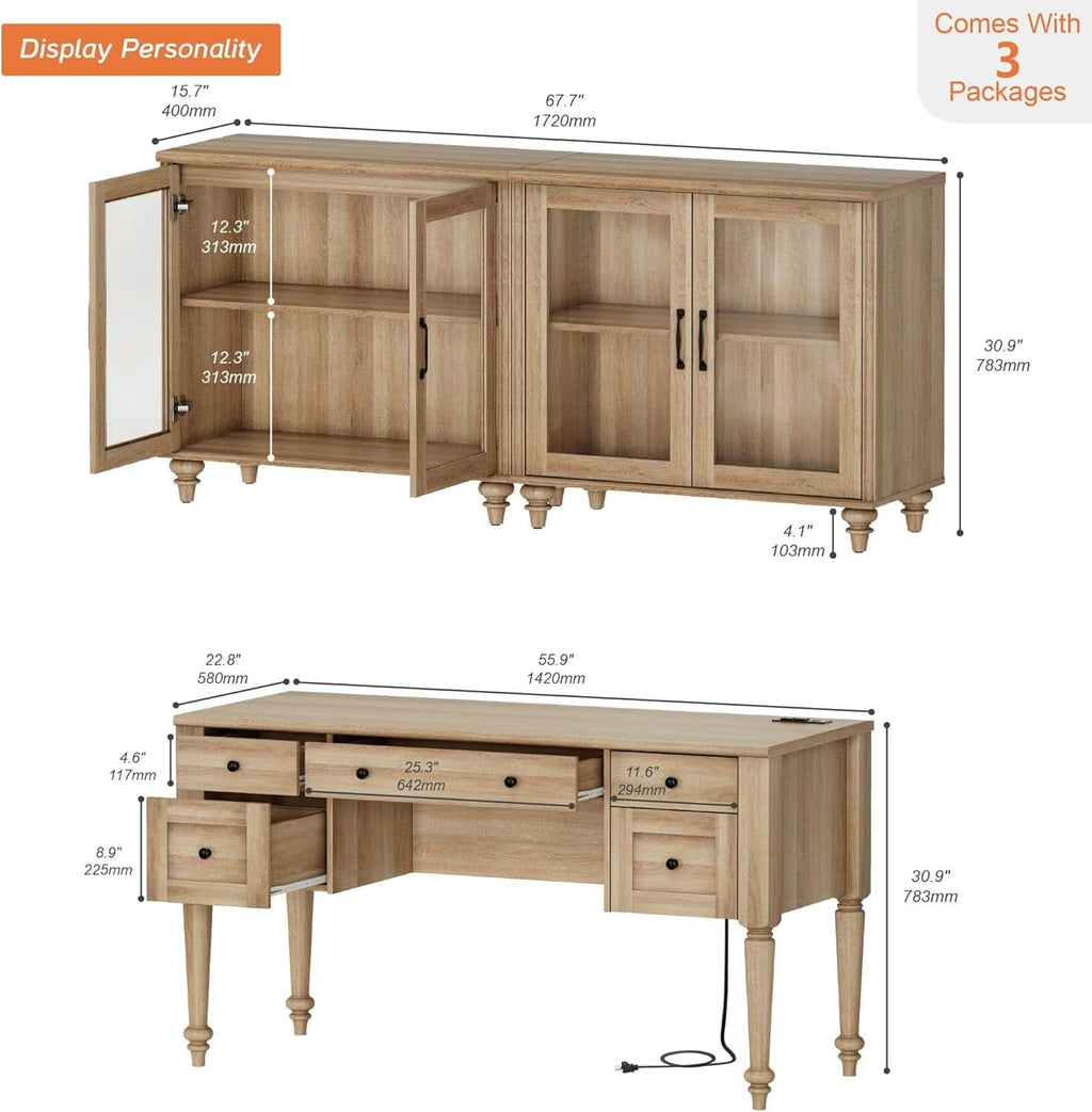 Distressed Oak Farmhouse Executive Desk Glass Cabinet - HearthHub