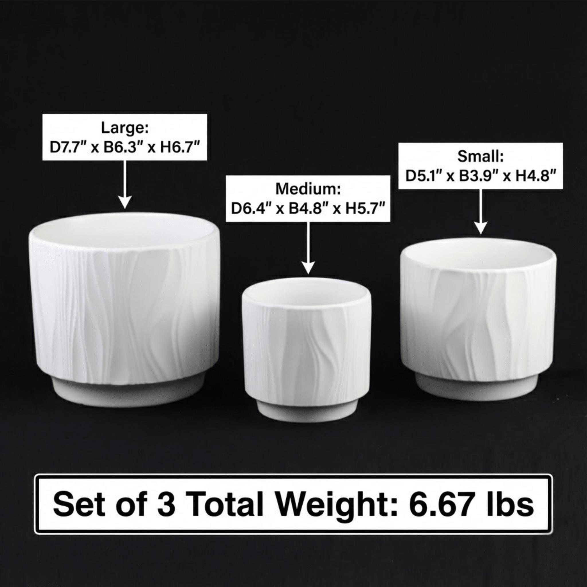 3 - Piece White Stoneware Planter Pot Set with Embossed Texture - HearthHub