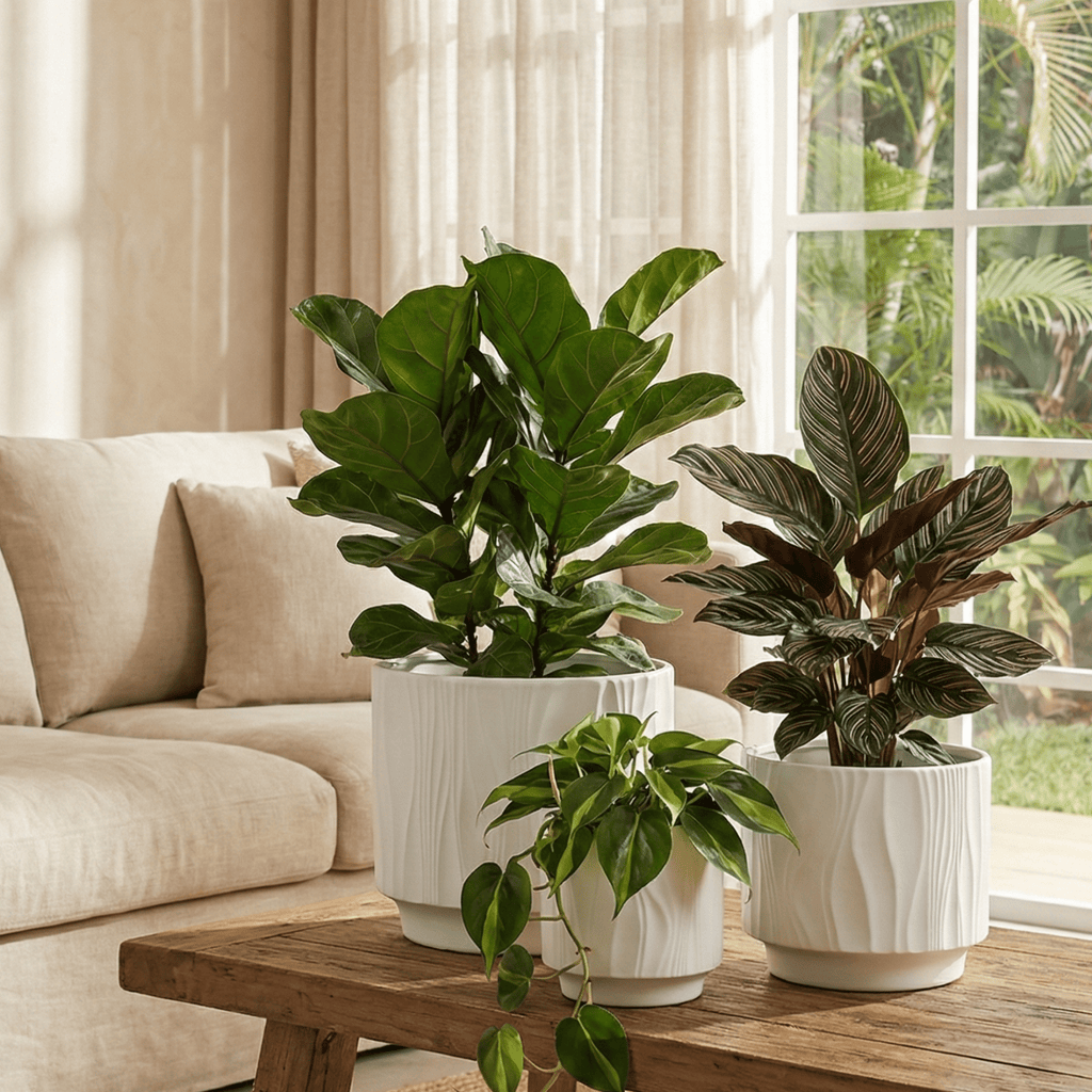 3 - Piece White Stoneware Planter Pot Set with Embossed Texture - HearthHub