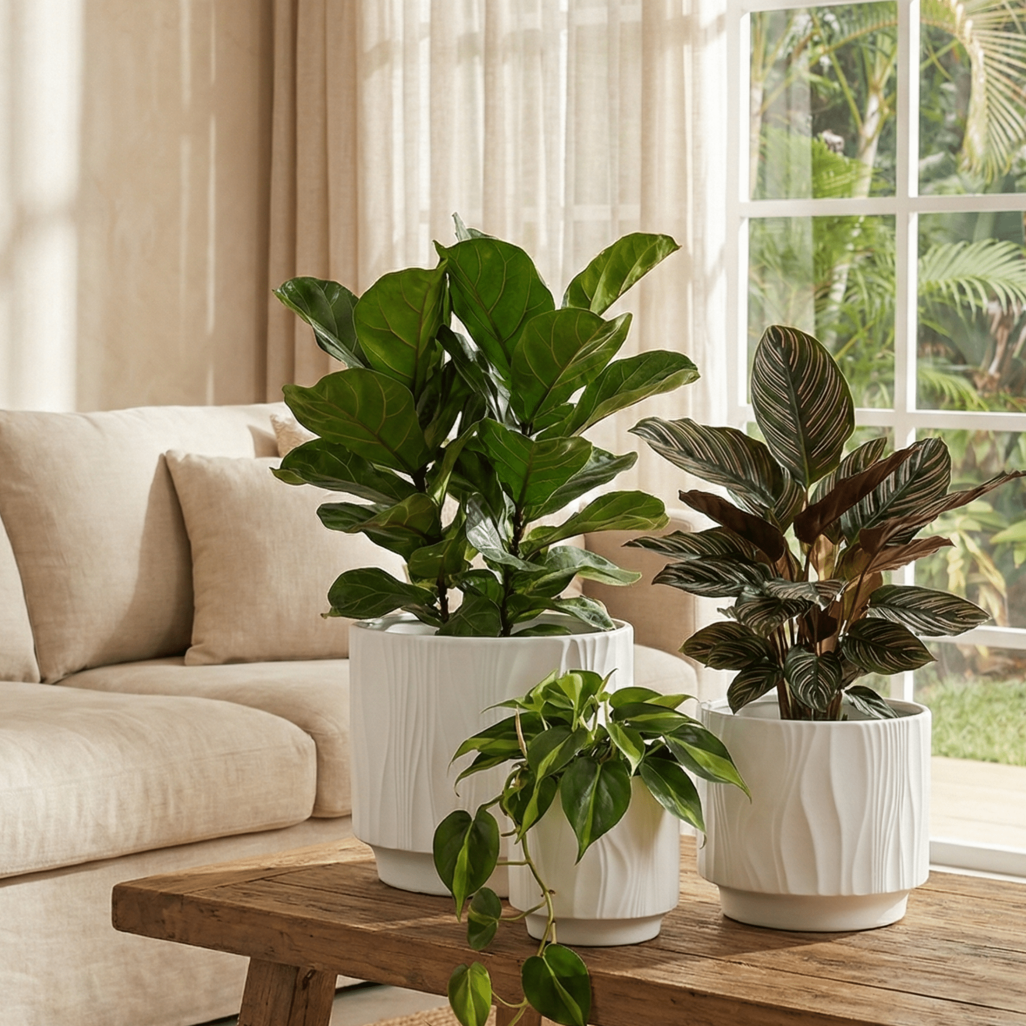3 - Piece White Stoneware Planter Pot Set with Embossed Texture - HearthHub