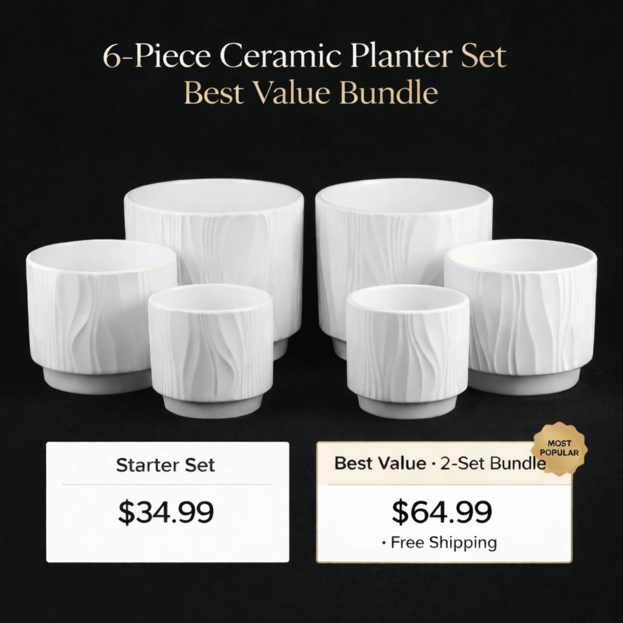 3 - Piece White Stoneware Planter Pot Set with Embossed Texture - HearthHub