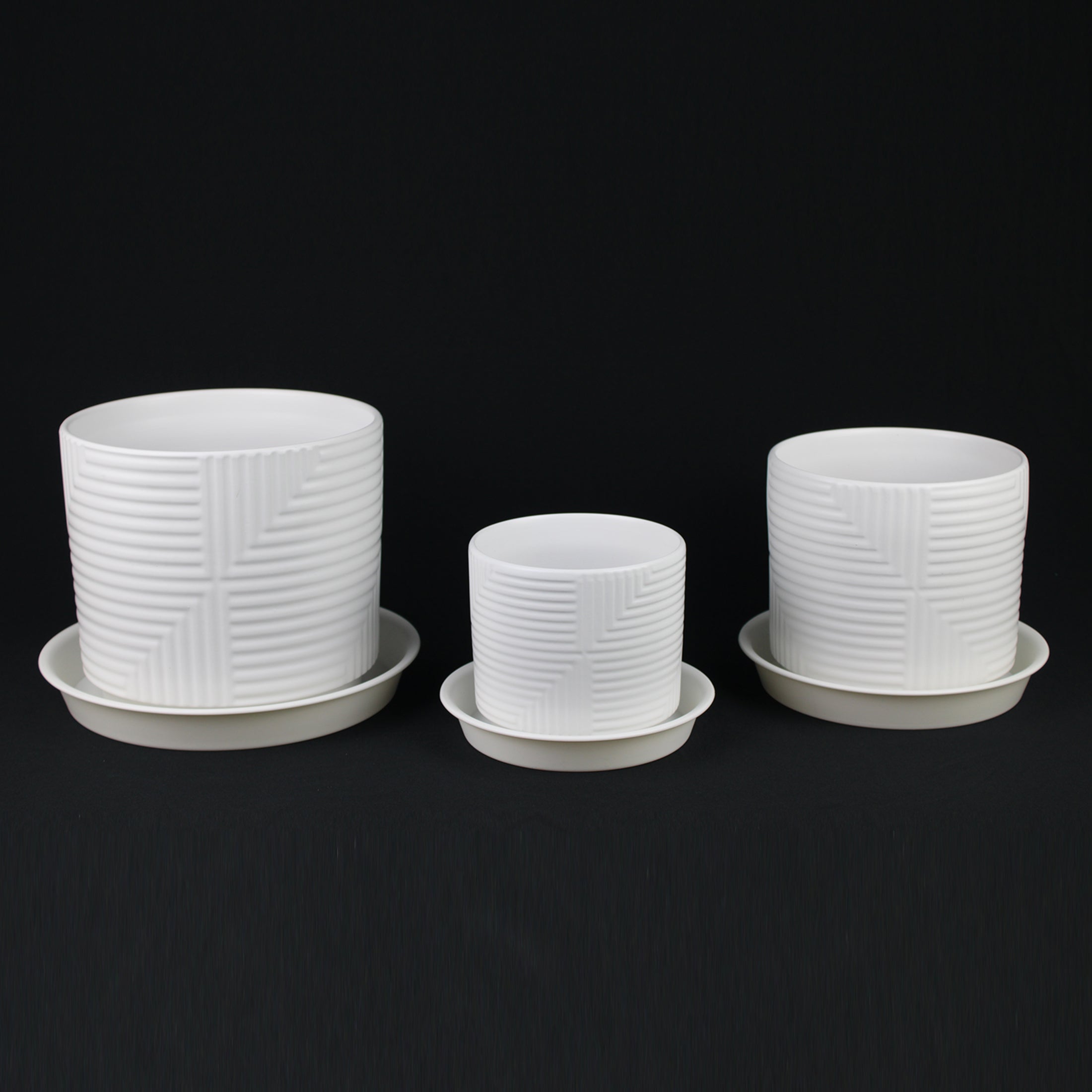 3-Piece White Stoneware Planter Set with Geometric Line Design - HearthHub