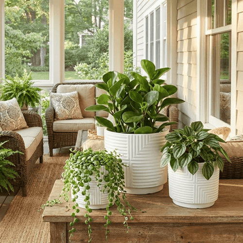 3 - Piece White Stoneware Planter Set with Geometric Line Design - HearthHub