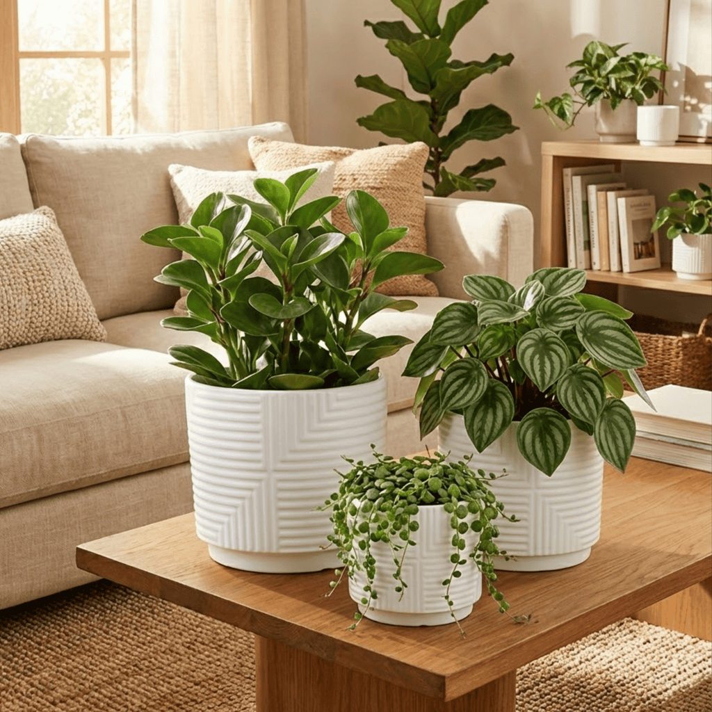 3 - Piece White Stoneware Planter Set with Geometric Line Design - HearthHub