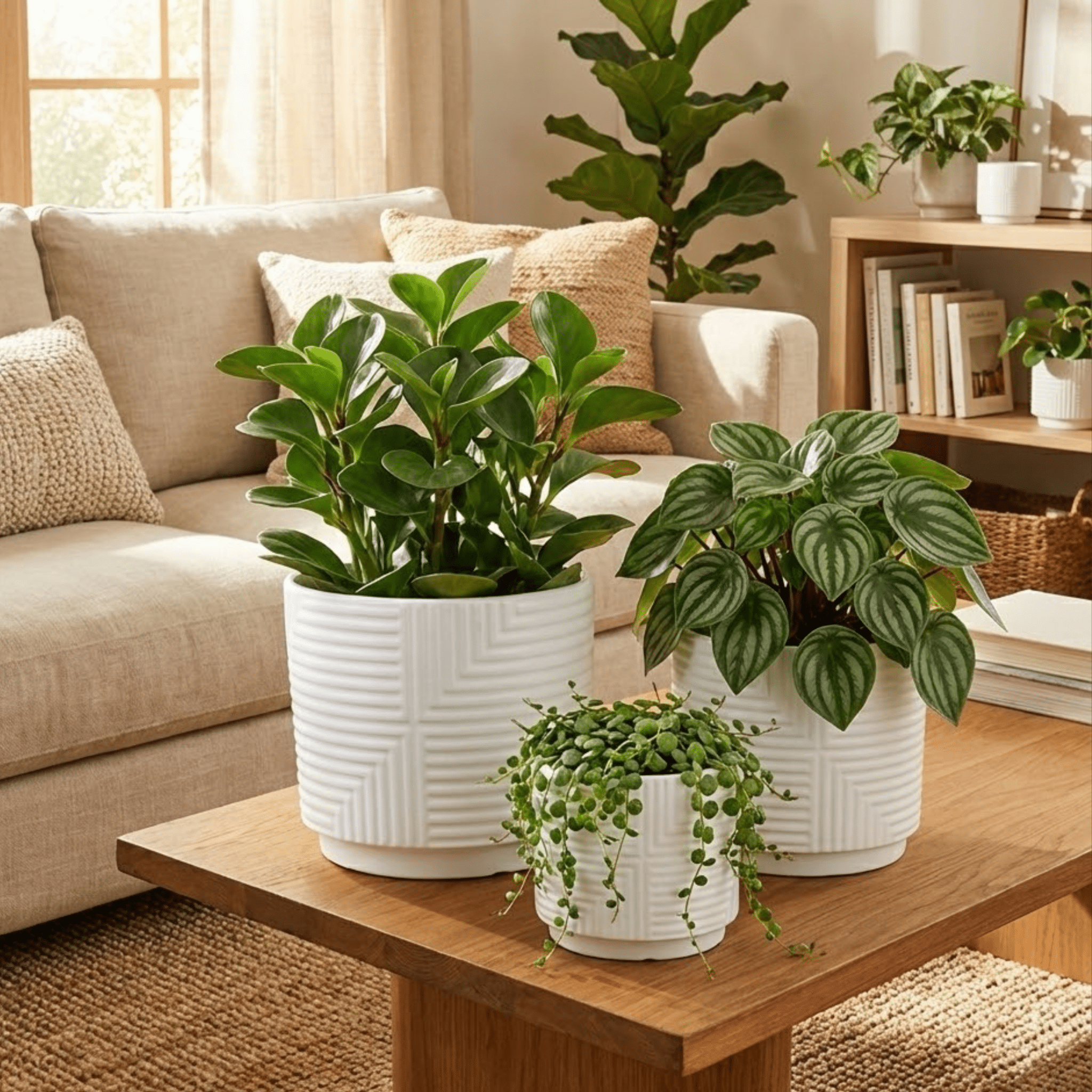 3 - Piece White Stoneware Planter Set with Geometric Line Design - HearthHub