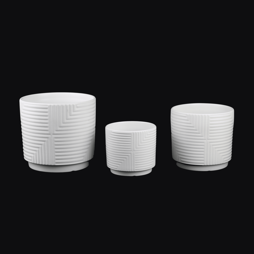 3 - Piece White Stoneware Planter Set with Geometric Line Design - HearthHub