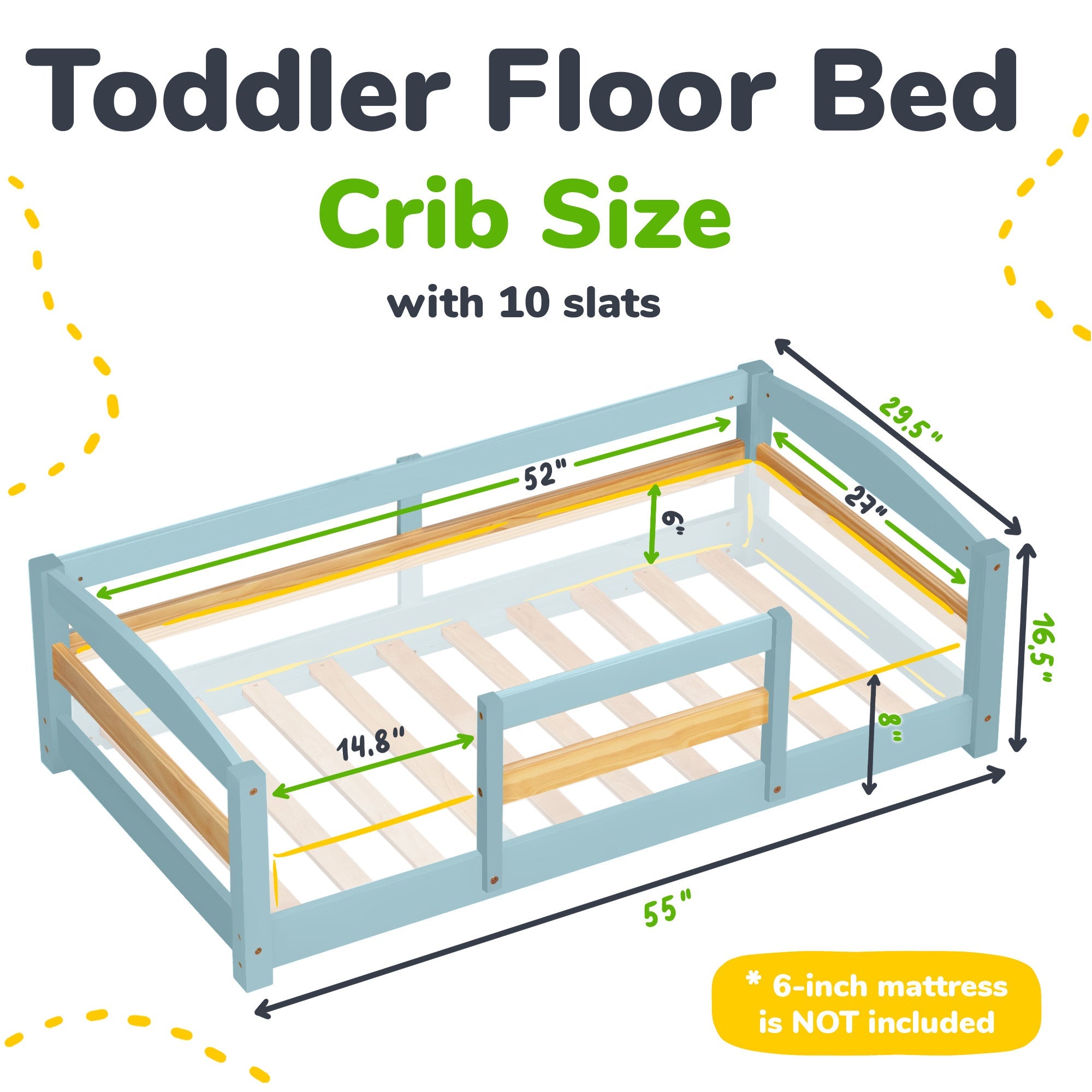 Crib Size Wooden Floor Bed Frame with Rails for Toddlers Age 1–3 - HearthHub