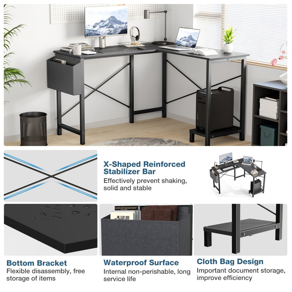 L - Shaped Corner Computer Desk with Storage Pocket | Wooden Home Office / Gaming - HearthHub