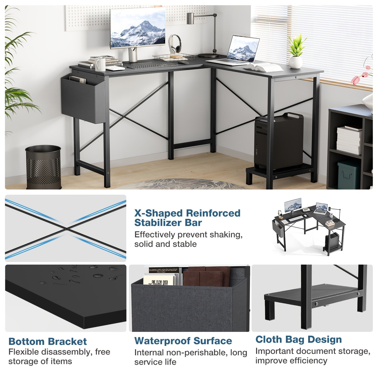 L - Shaped Corner Computer Desk with Storage Pocket | Wooden Home Office / Gaming - HearthHub