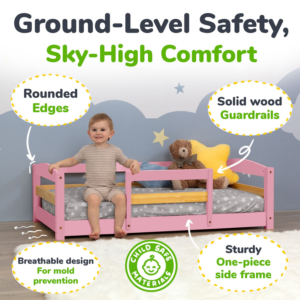 Crib Size Wooden Floor Bed Frame with Rails for Toddlers Age 1–3 - HearthHub