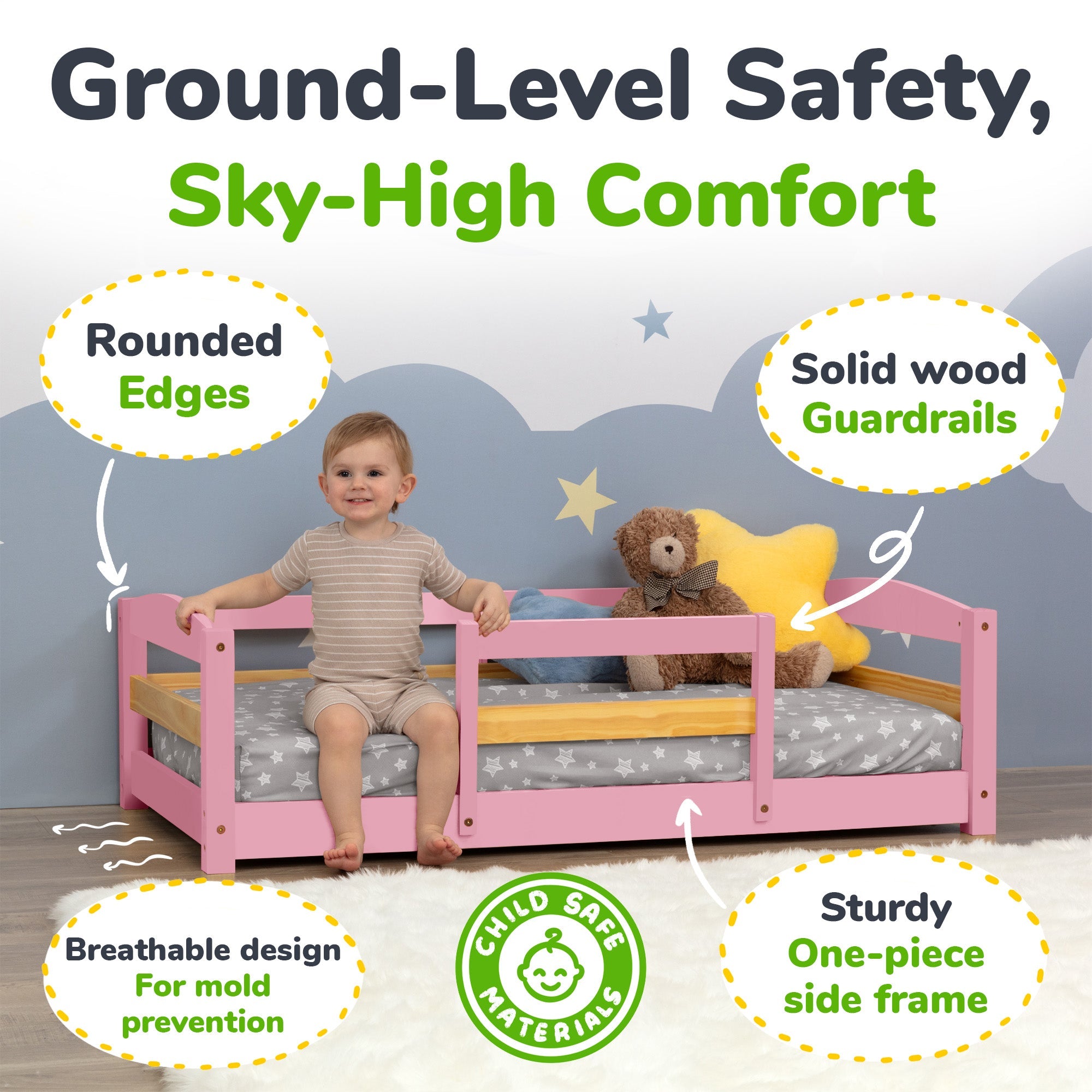 Crib Size Wooden Floor Bed Frame with Rails for Toddlers Age 1–3 - HearthHub