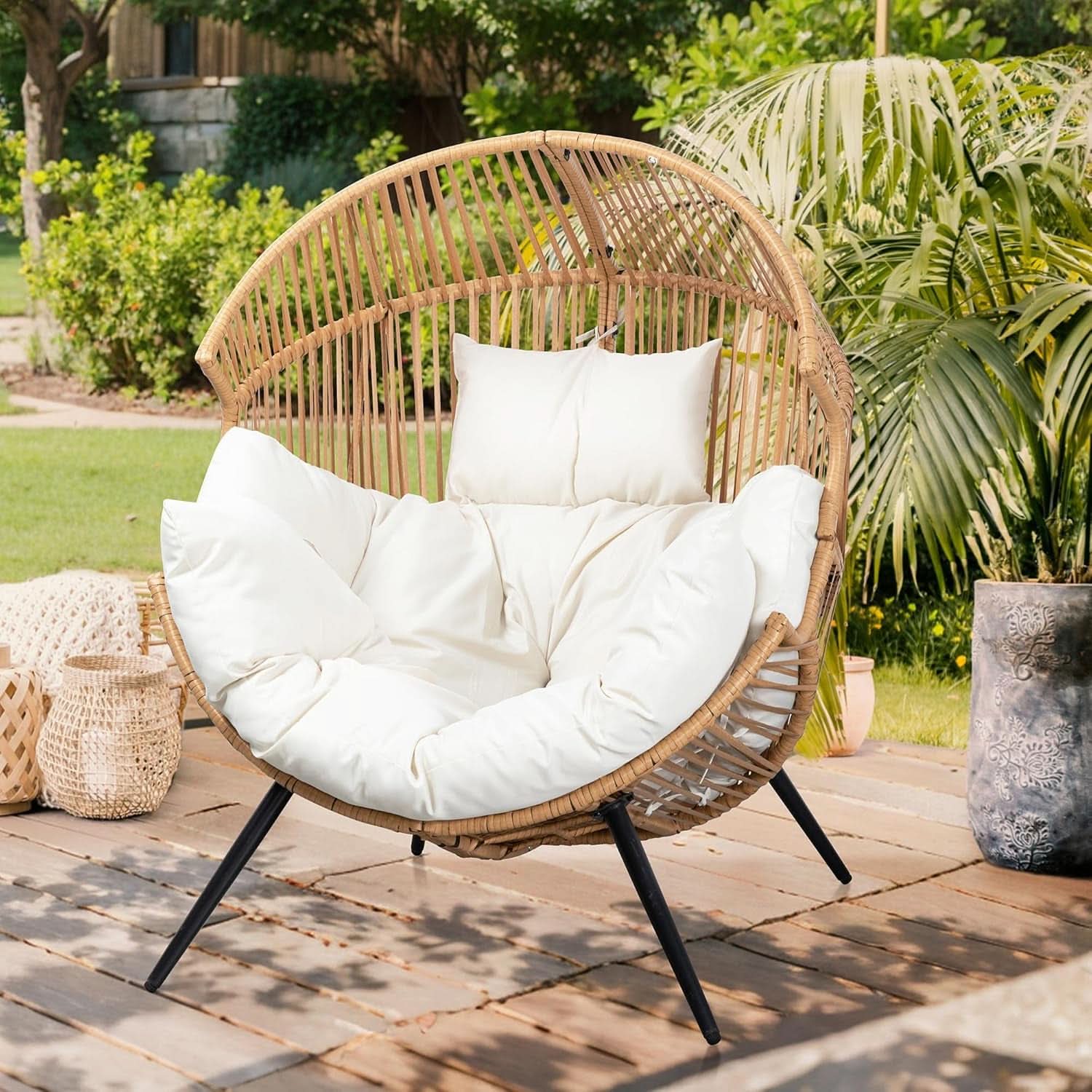 Beige Wicker Egg Chair With Cushion Outdoor Lounge - HearthHub