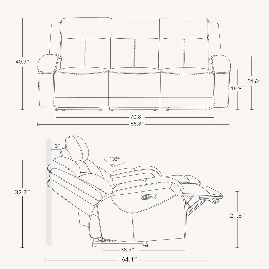 Navy Genuine Leather Power Recliner Sofa With USB Type C - HearthHub