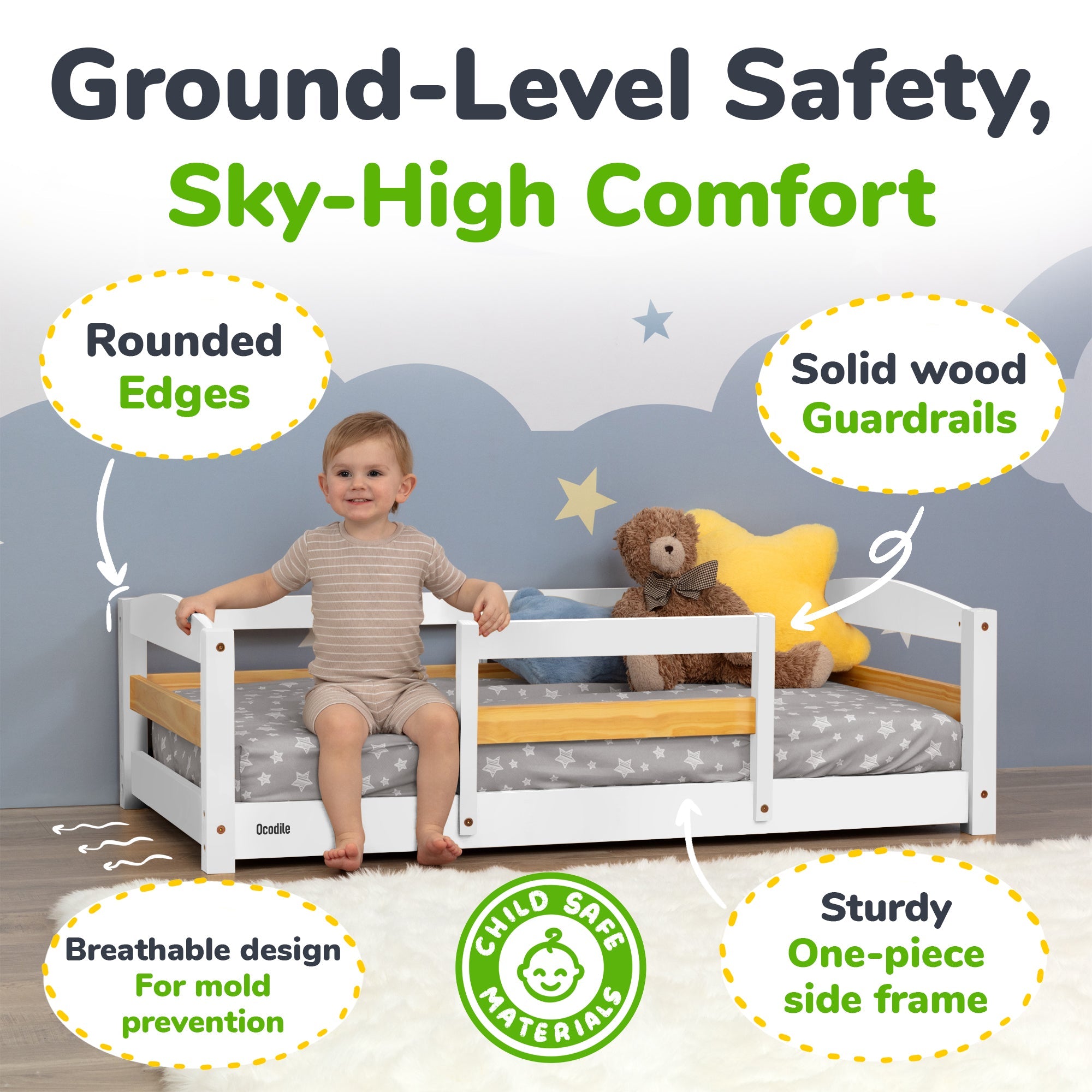Crib Size Wooden Floor Bed Frame with Rails for Toddlers Age 1–3 - HearthHub