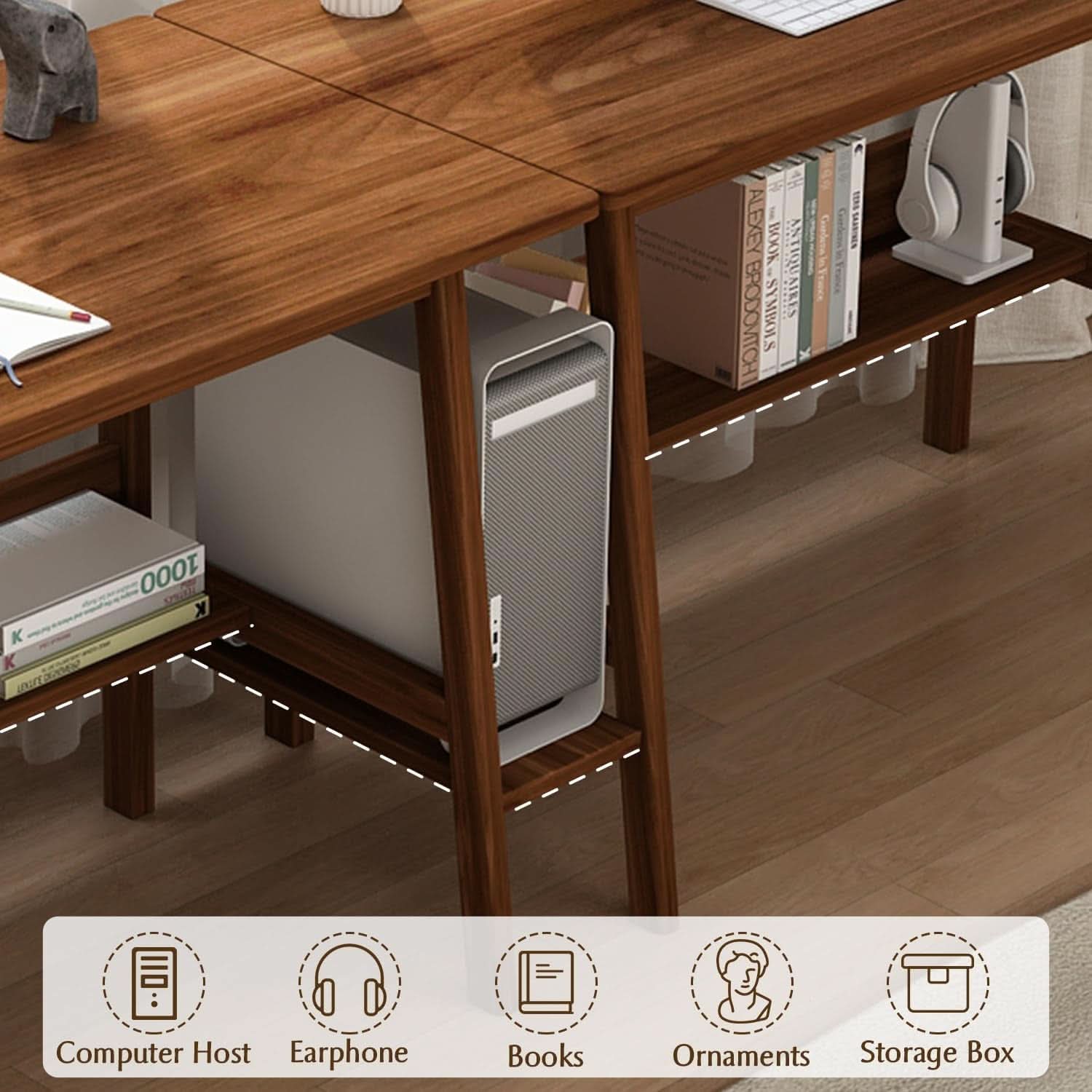 Two Person Desk Walnut 79 Inch Extended Workstation Shelves - HearthHub