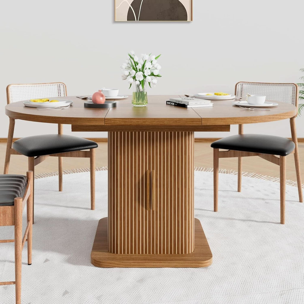 Extendable Round Dining Table 59 Inch Walnut Modern - HearthHub