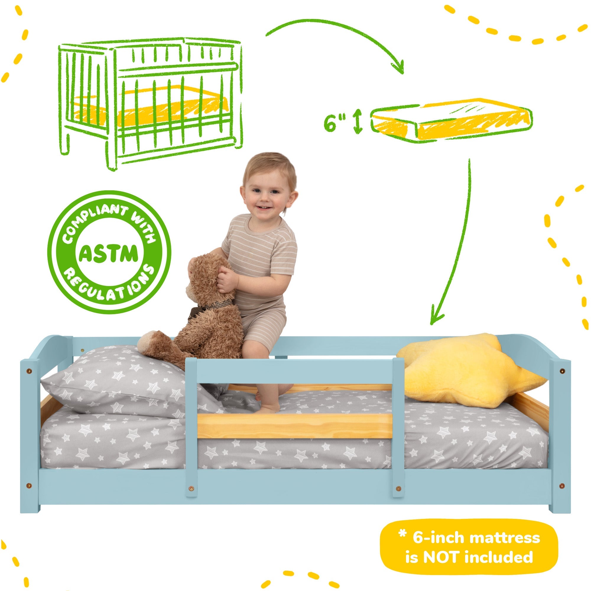 Crib Size Wooden Floor Bed Frame with Rails for Toddlers Age 1–3 - HearthHub