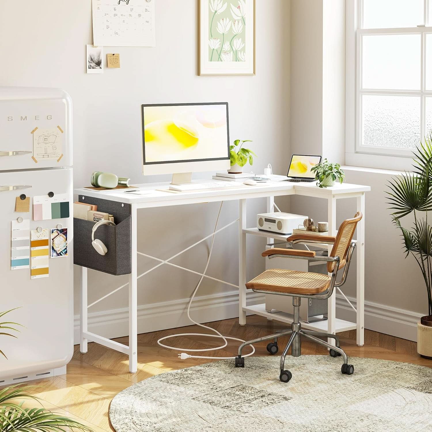 L Shaped Corner Desk 47 Inch With Power Outlets White - HearthHub