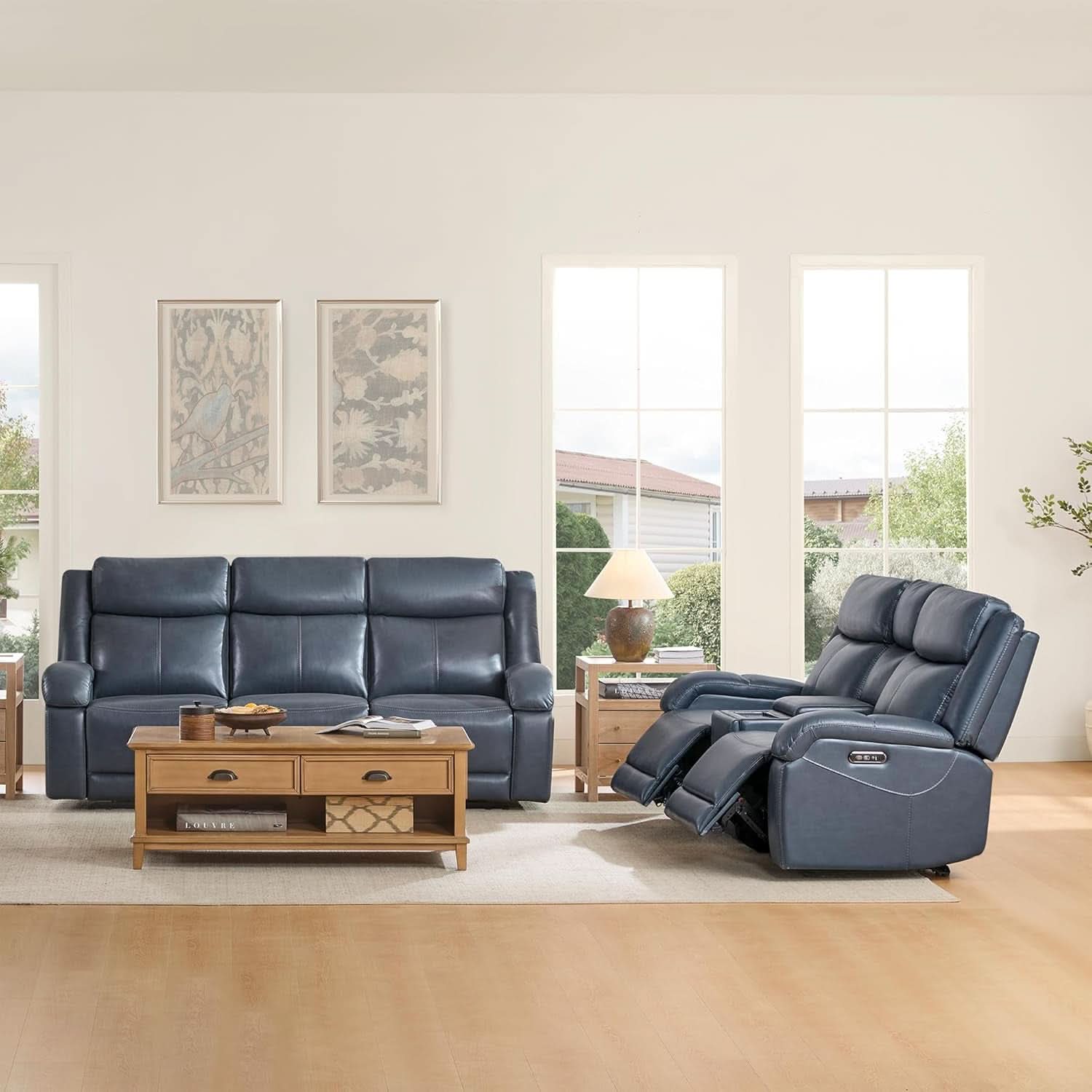 Navy Genuine Leather Power Recliner Sofa With USB Type C - HearthHub