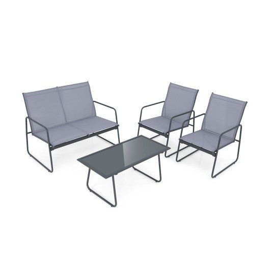 4 Pieces of Metal Patio Furniture Chat Set with Tempered Glass Coffee Table - HearthHub