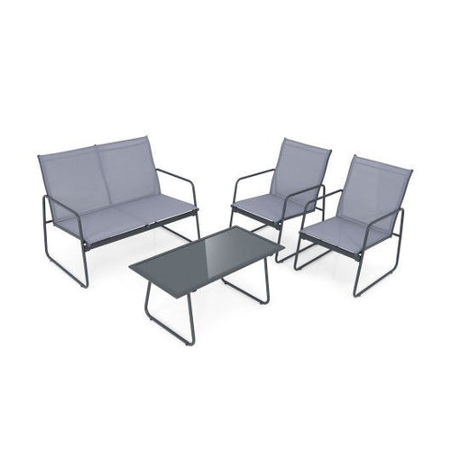 4 Pieces of Metal Patio Furniture Chat Set with Tempered Glass Coffee Table - HearthHub