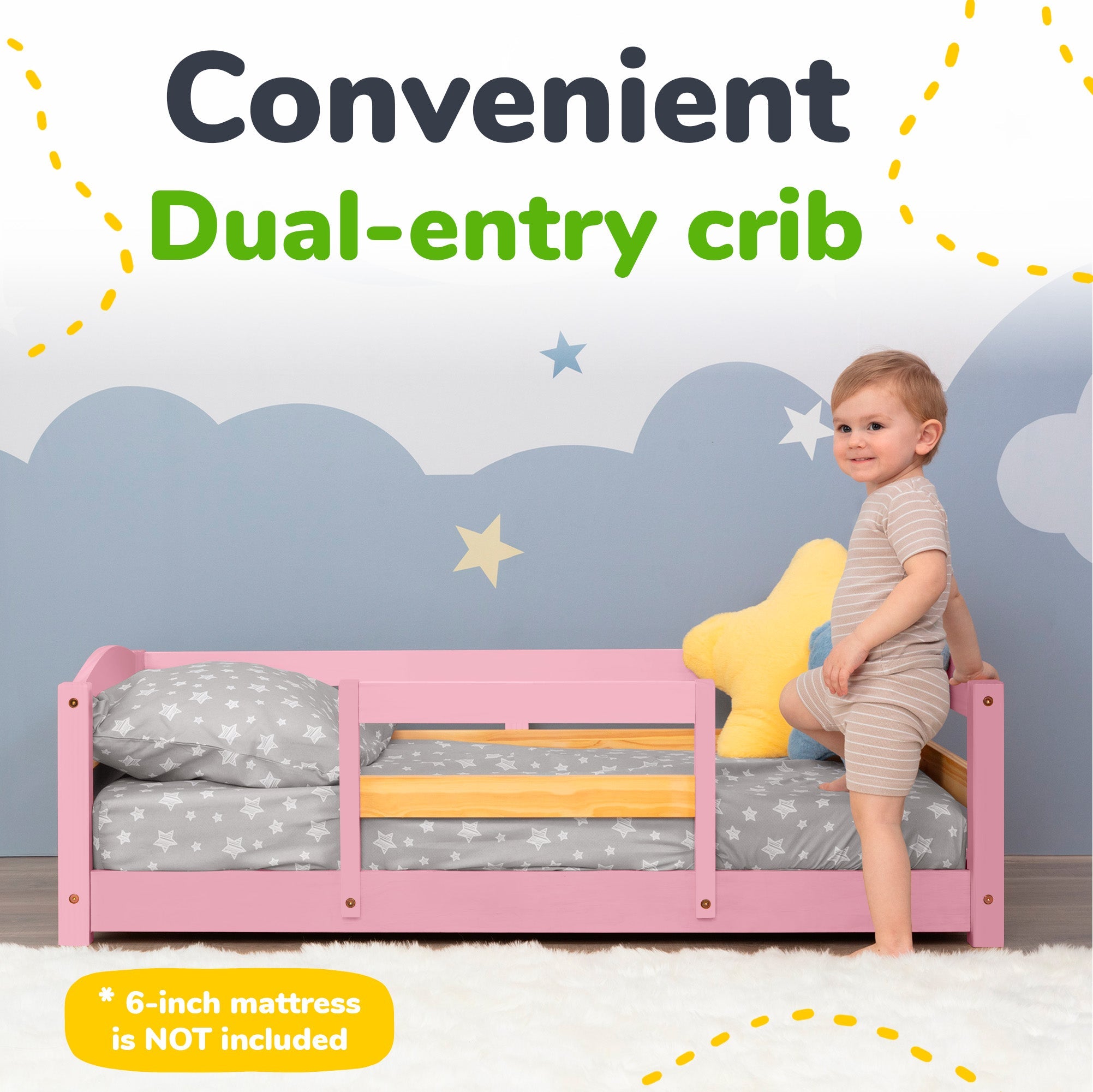 Crib Size Wooden Floor Bed Frame with Rails for Toddlers Age 1–3 - HearthHub