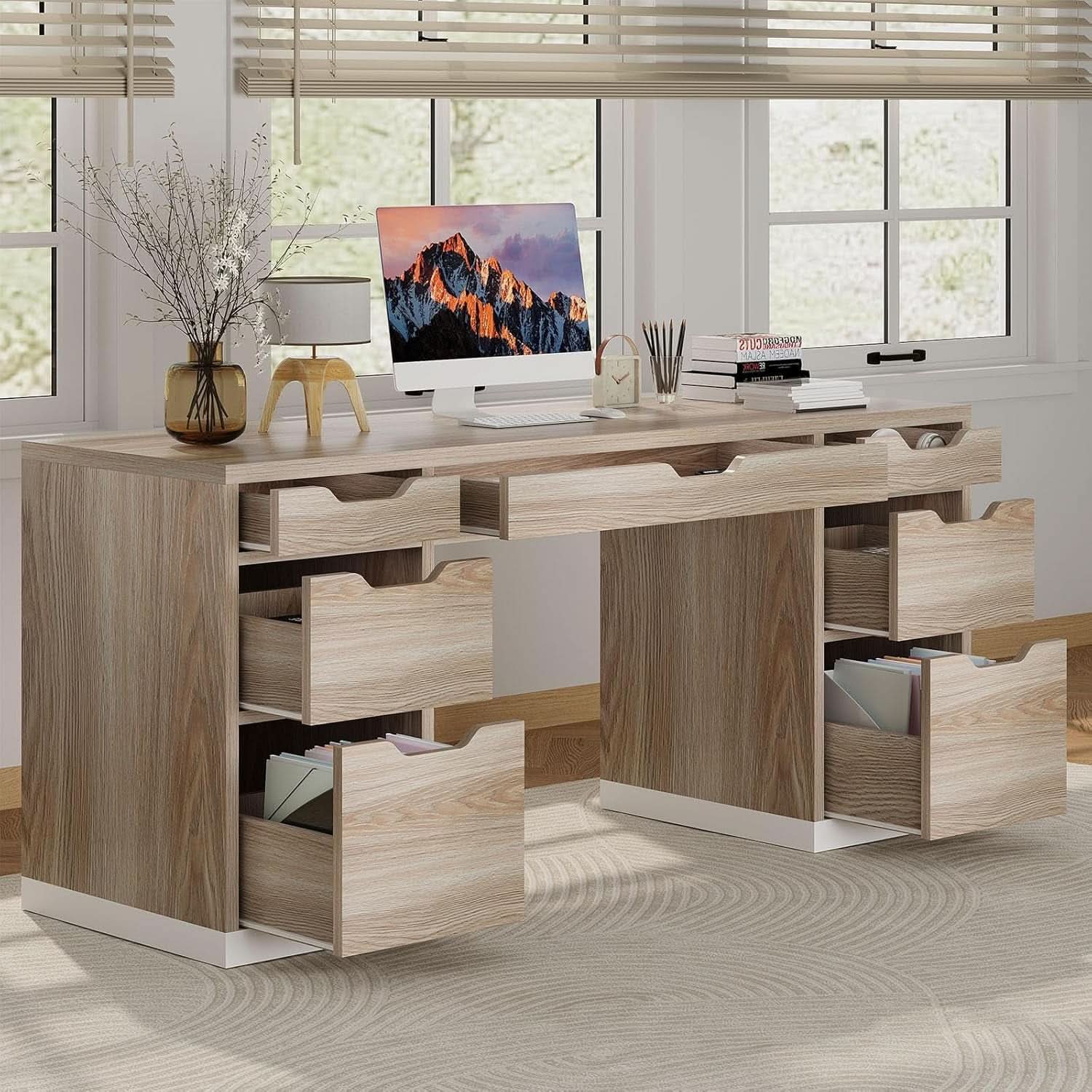 54 Inch Computer Desk With Storage Drawers White Walnut - HearthHub