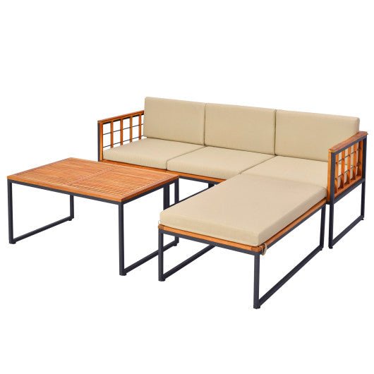 5 Pieces Patio Furniture Set Acacia Wood Sectional Set with Heavy - Duty Metal Frame - Beige - HearthHub