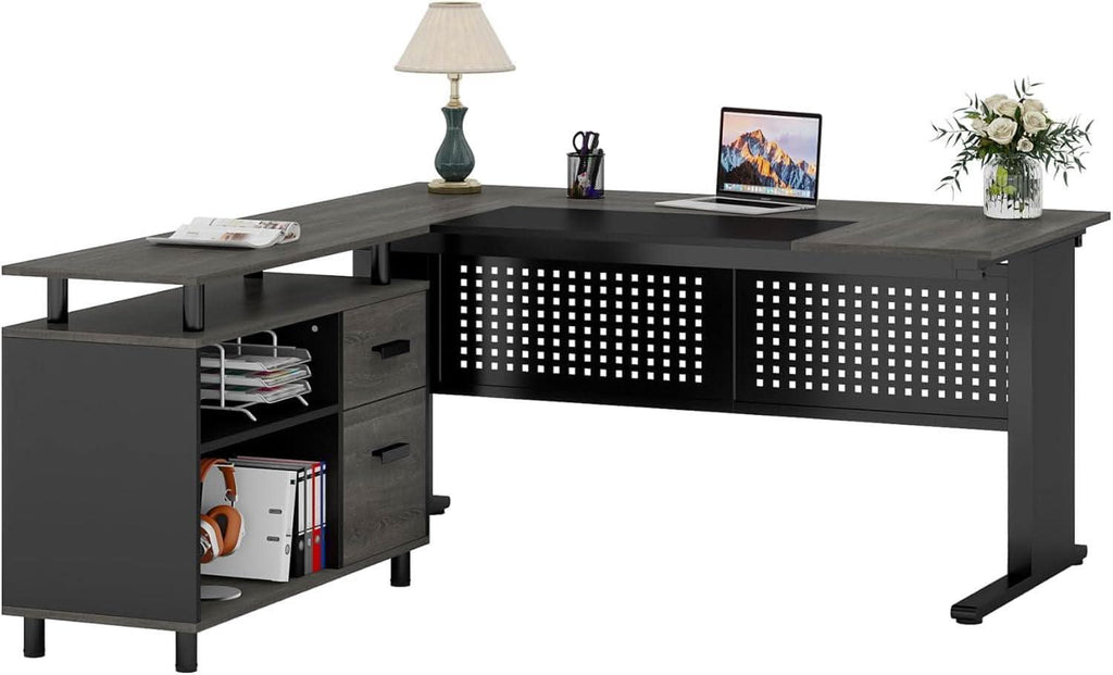 63 Inch Executive Desk With Integrated Cabinet Gray - HearthHub
