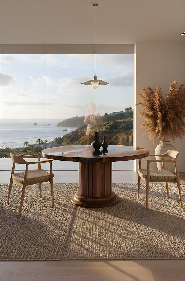 Round Dining Table with Solid Wood Drum Pedestal Base - HearthHub