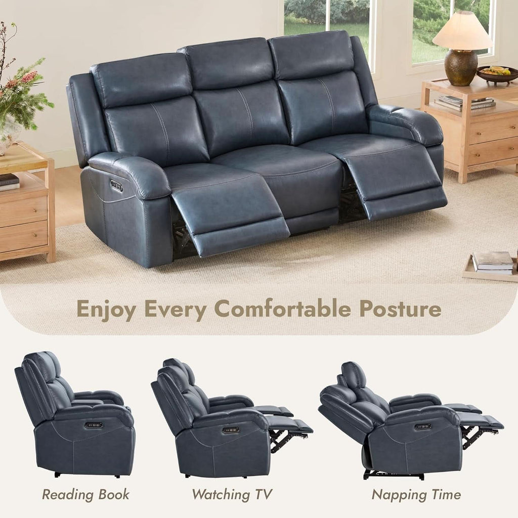 Navy Genuine Leather Power Recliner Sofa With USB Type C - HearthHub