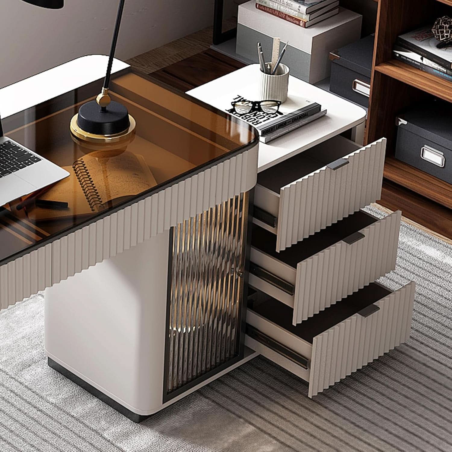 Ivory 50 Inch Office Computer Desk With Cabinet LED lights - HearthHub