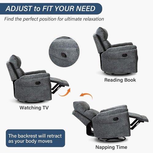 Swivel Rocker Recliner Chair Gray Fabric For Small Spaces - HearthHub