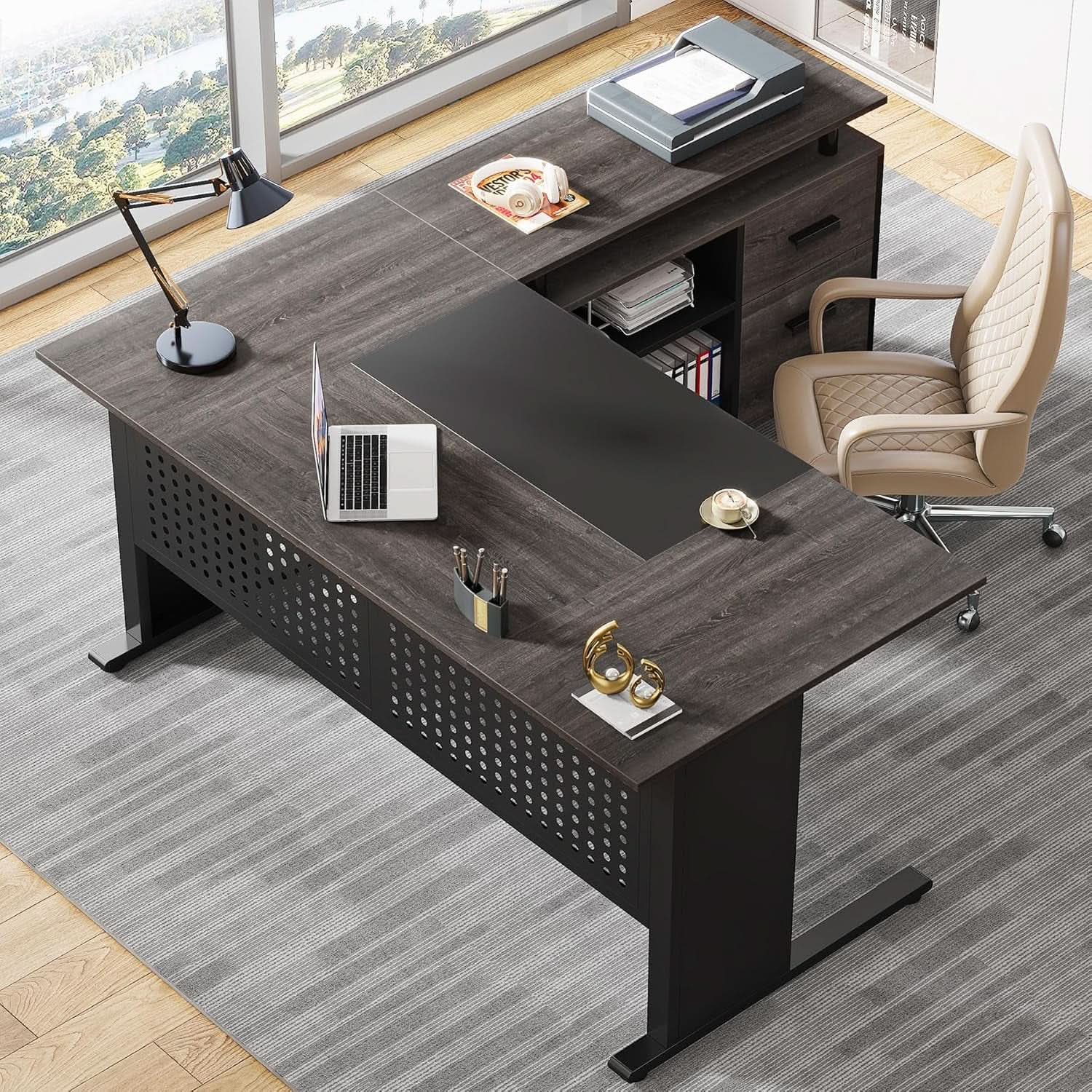 63 Inch Executive Desk With Integrated Cabinet Gray - HearthHub