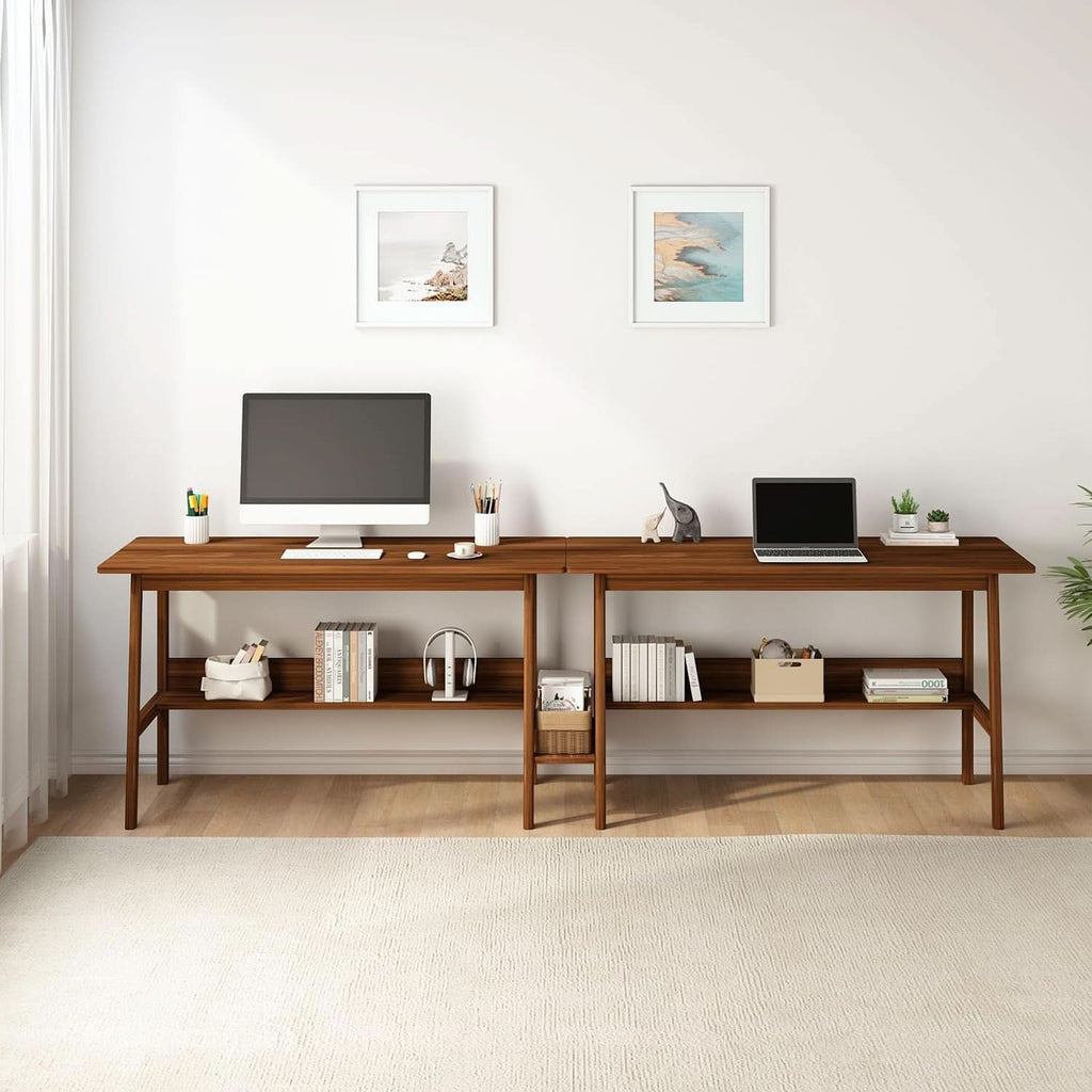 Two Person Desk Walnut 79 Inch Extended Workstation Shelves - HearthHub