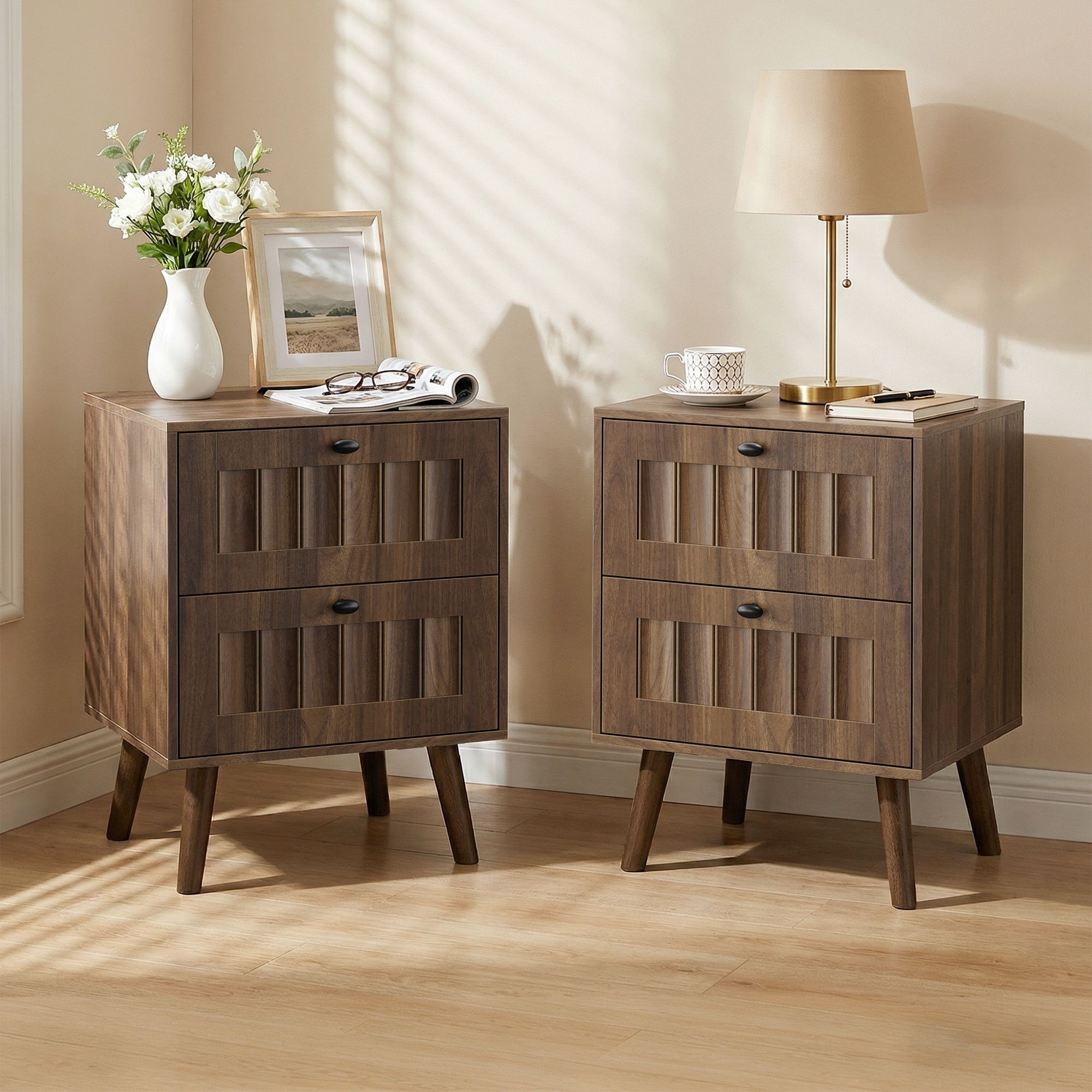 Double Drawer Bedside Table (Set of 2) - Walnut - HearthHub