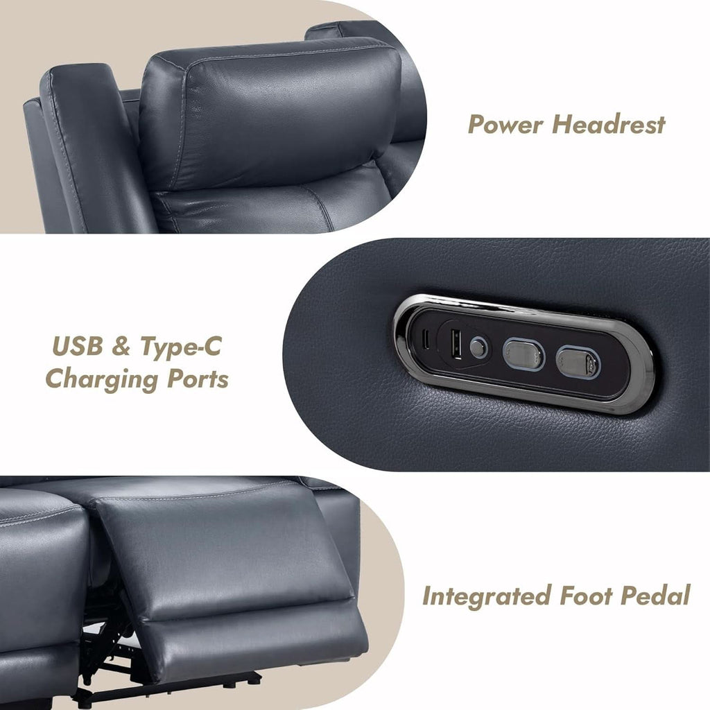 Navy Genuine Leather Power Recliner Sofa With USB Type C - HearthHub