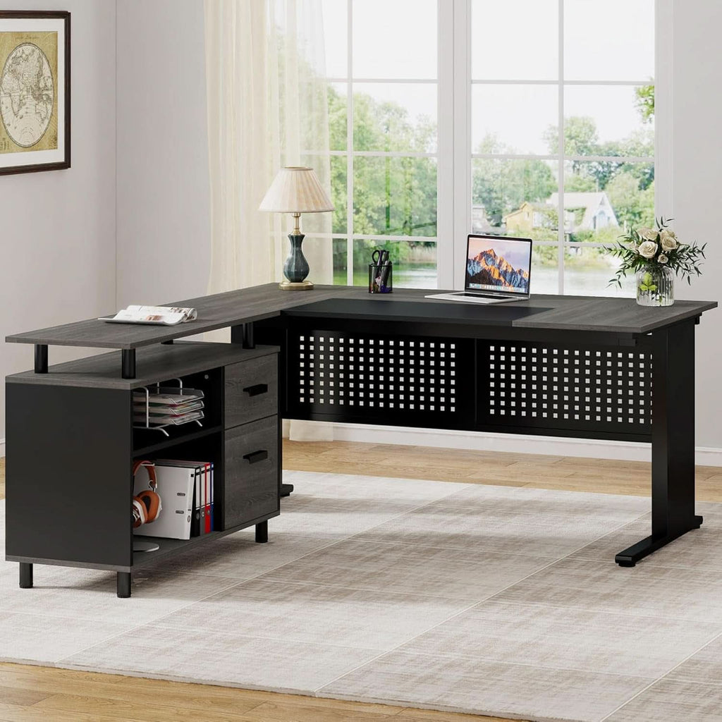 63 Inch Executive Desk With Integrated Cabinet Gray - HearthHub