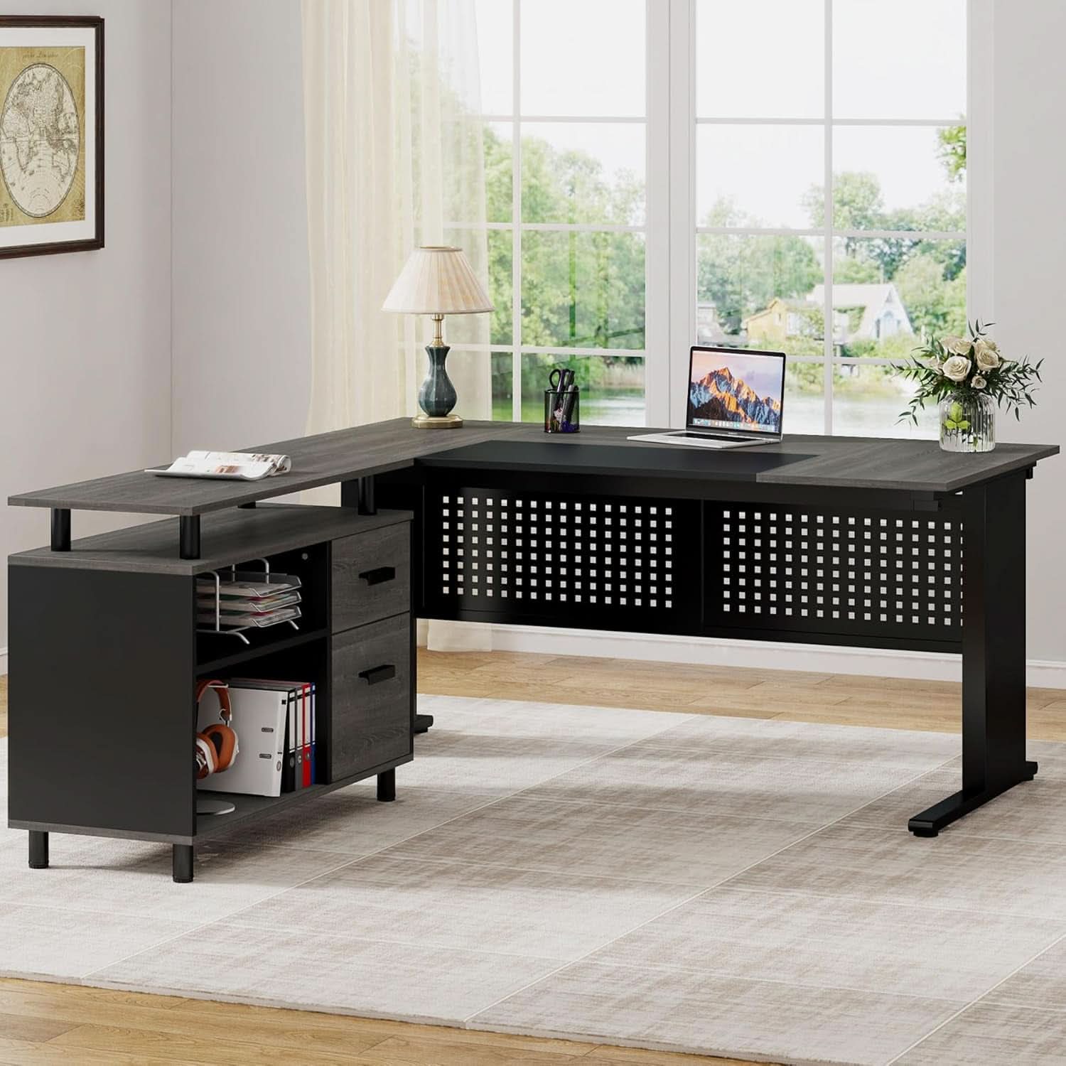 63 Inch Executive Desk With Integrated Cabinet Gray - HearthHub