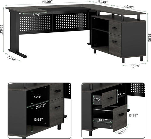 63 Inch Executive Desk With Integrated Cabinet Gray - HearthHub