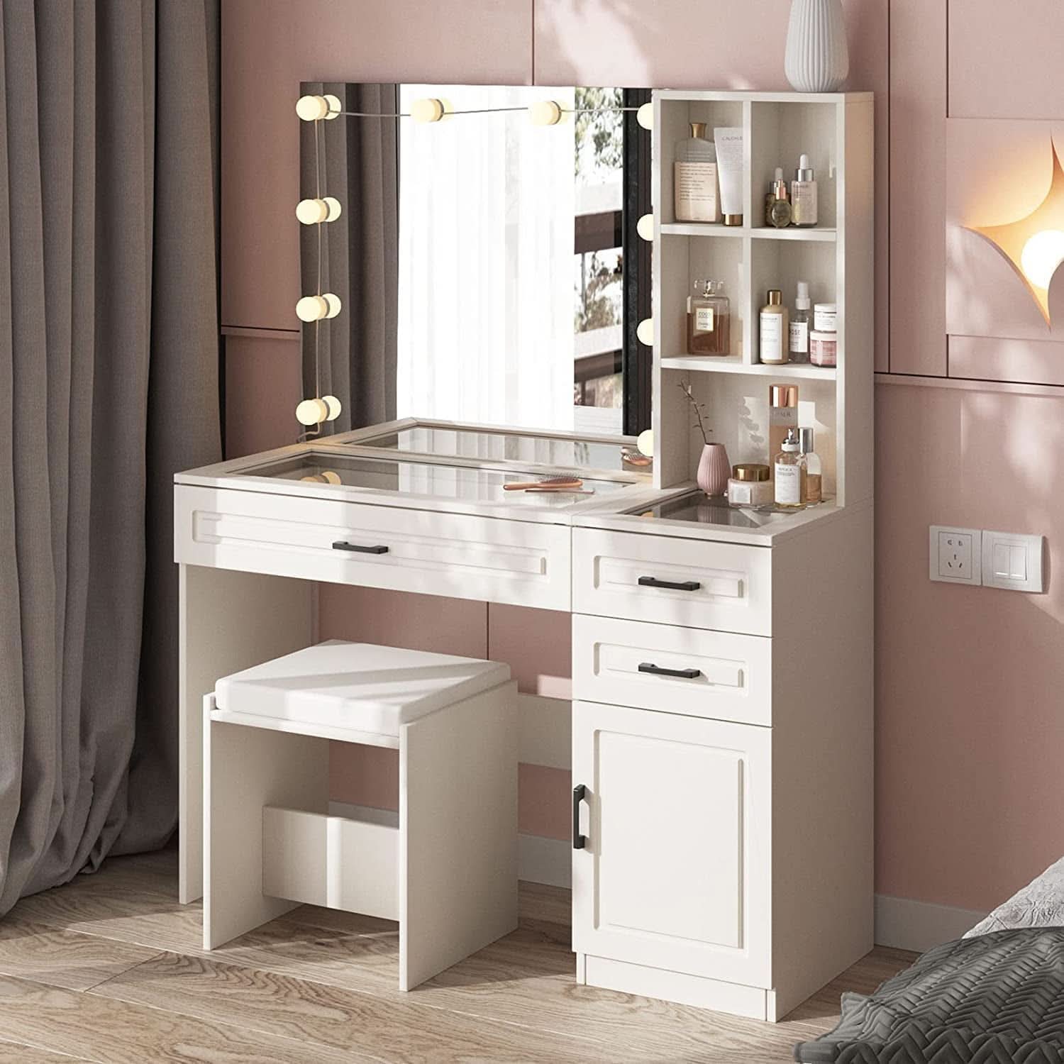 White Luxury Vanity Desk With Lighted Hollywood Mirror - HearthHub