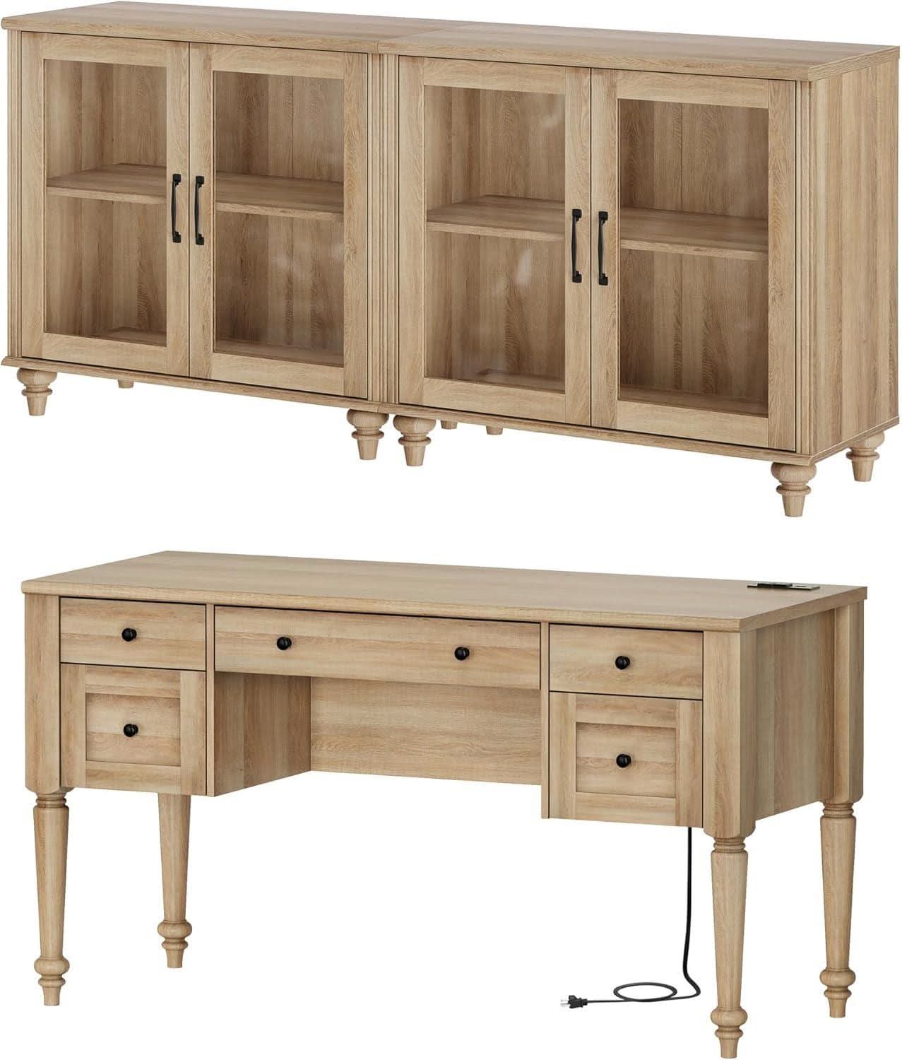 Distressed Oak Farmhouse Executive Desk Glass Cabinet - HearthHub