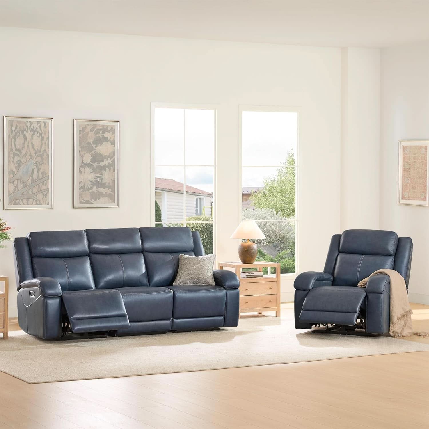 Navy Genuine Leather Power Recliner Sofa With USB Type C - HearthHub