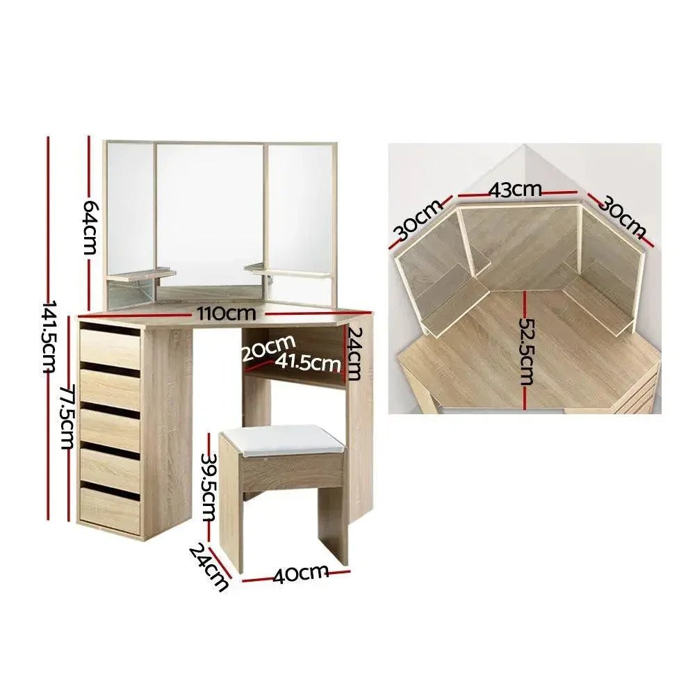 Artiss Corner Dressing Table Mirror Stool Set Makeup Vanity Desk Chair - HearthHub