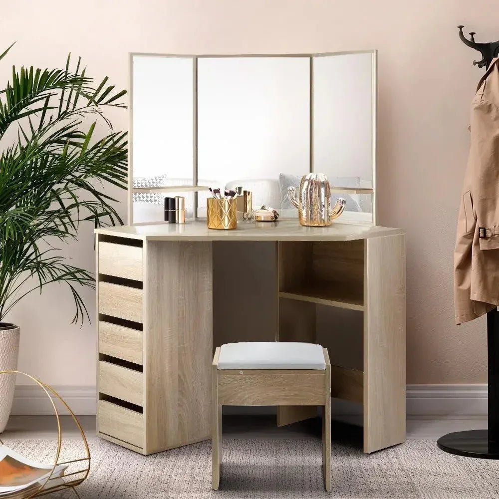 Artiss Corner Dressing Table Mirror Stool Set Makeup Vanity Desk Chair - HearthHub