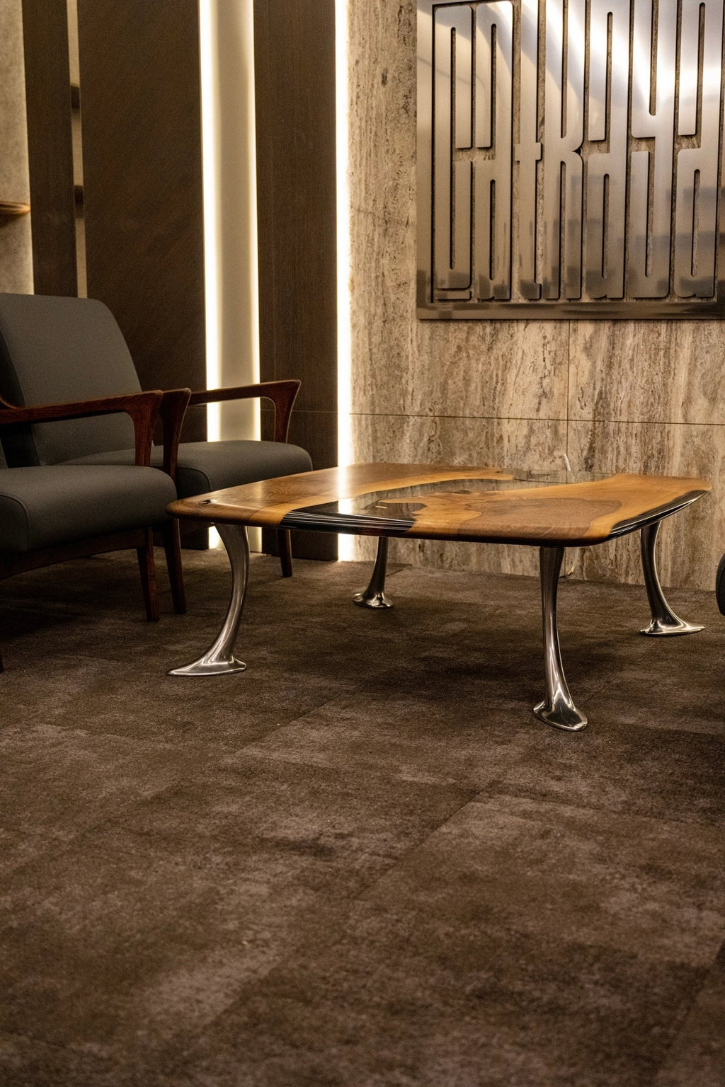 Luxury D - Shaped Walnut & Epoxy Executive Desk - HearthHub