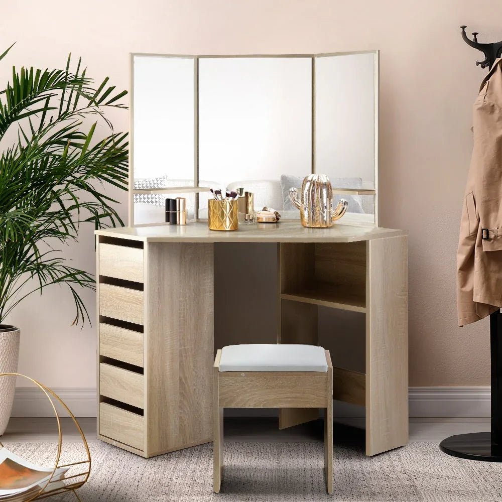 Artiss Corner Dressing Table Mirror Stool Set Makeup Vanity Desk Chair - HearthHub